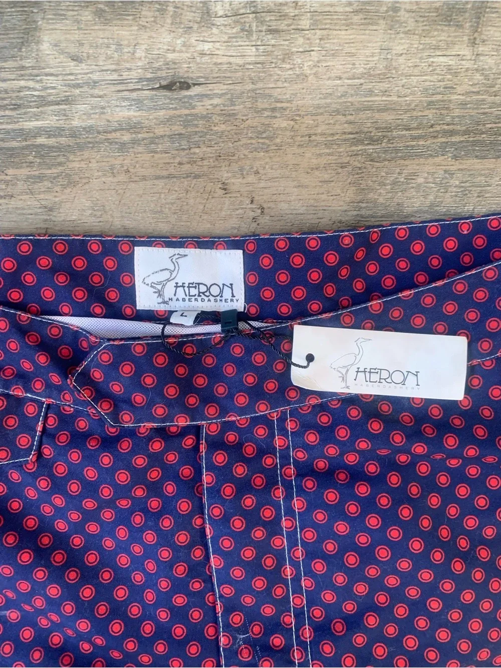 Heron Haberdashery Navy Swim Shorts with Red Dot Print